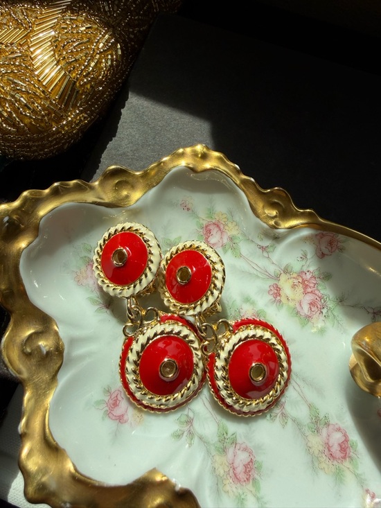 Unbranded Vintage Jewelry - Vintage Red Enamel Double Drop Clip-On Earrings Gold Tone Statement Earrings